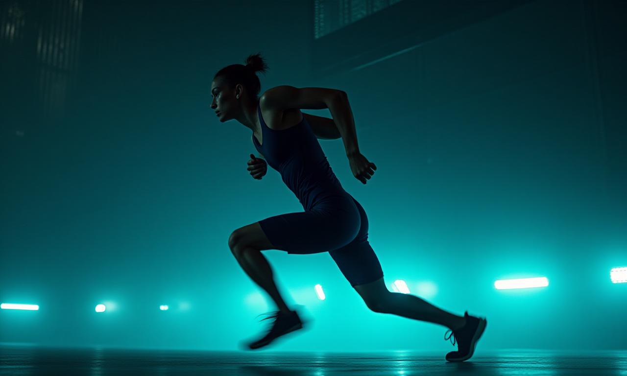High performance athlete training in dark setting with neon accents
