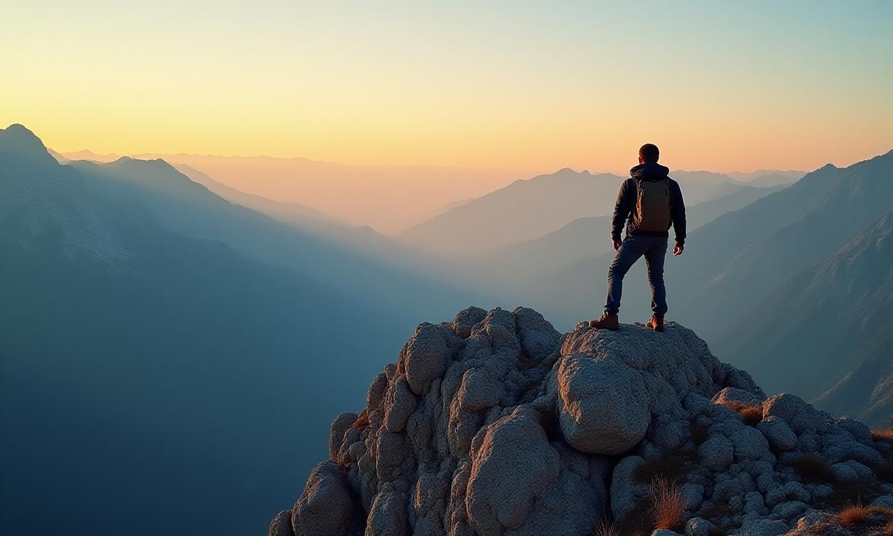 Climber reaching a mountain summit